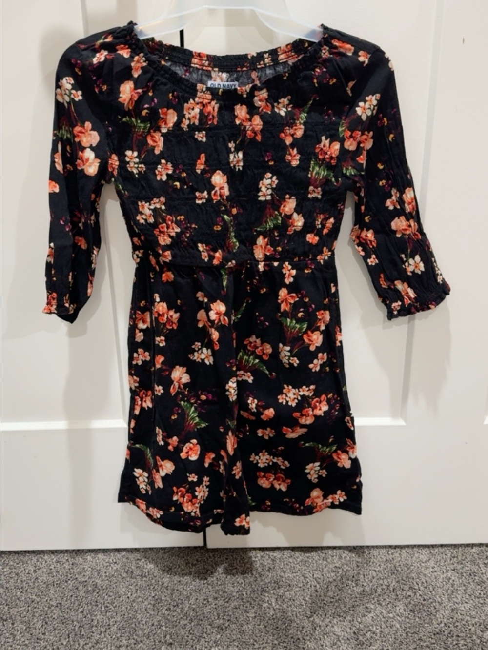 Old Navy Black Floral Smocked Dress with Peach Blooms